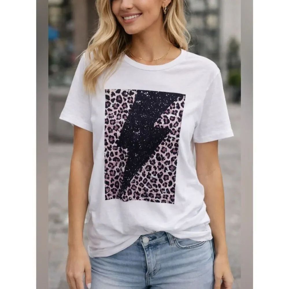 Women's White Short Sleeve Tee with Pink Leopard & Black Lightning Graphic